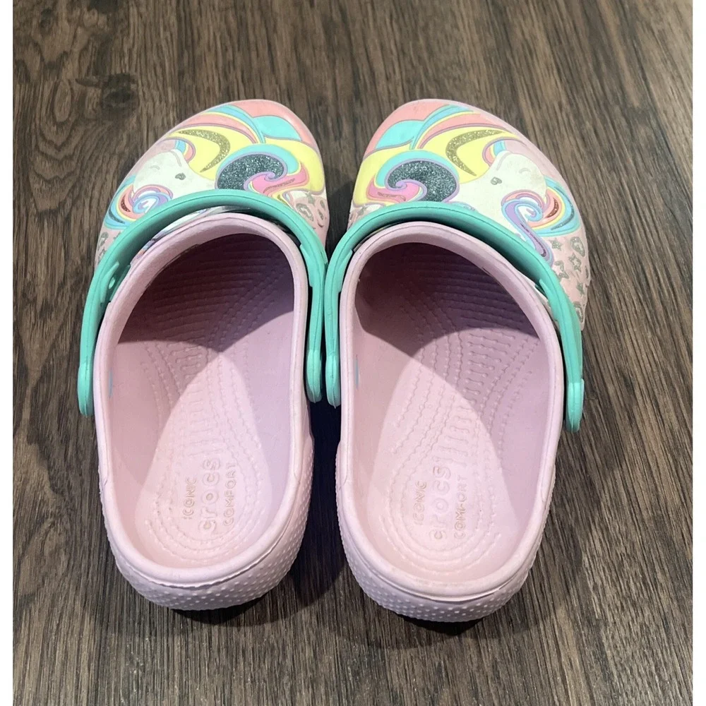 Crocs Fun Lab Unicorn Girls Clogs Boat Shoes Pink Slip On Glitter Shoes Size J 2